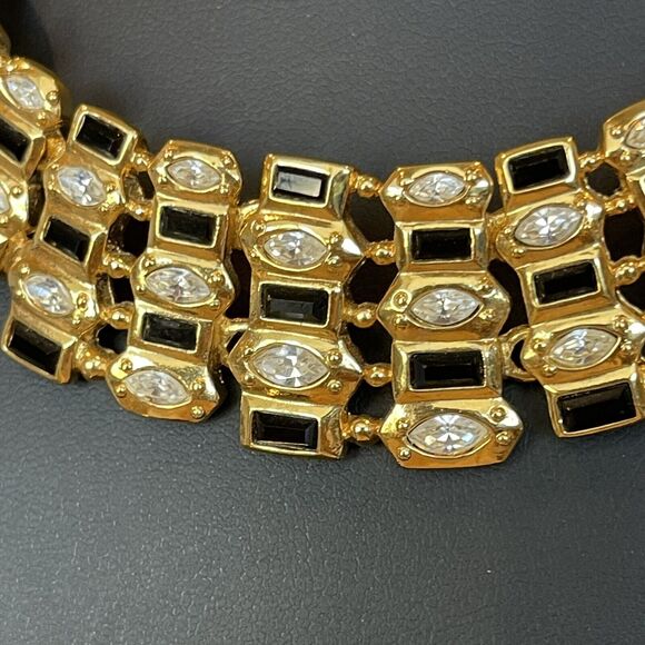 Vintage 1980s Gold Tone Black Enamel CZ Statement Necklace 15-18” Retro Jewelry - Picture 9 of 10